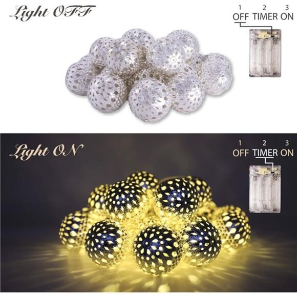 Moroccan String Lights Battery Powered 20 Silver LED Globe Lights - Picture 3 of 8